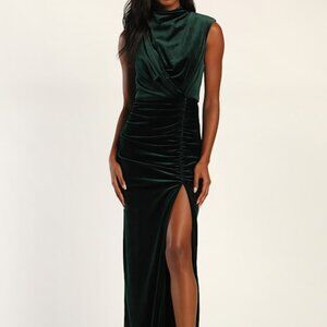 Lulus Alluring Image Emerald Ruched Velvet Mock Neck Maxi Dress Green - Size M